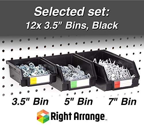 Right Arrange – Pegboard Bins - 12 Pack Black - Hooks to Any Peg Board - Organize Hardware, Accessories, Attachments, Workbench, Garage Storage, Craft Room, Tool Shed, Hobby Supplies, Small Parts