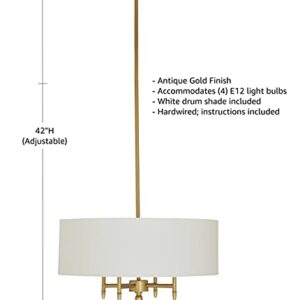 Amazon Brand – Stone & Beam Contemporary Pendant Chandelier with White Shade - 20 x 20 x 42 Inches (Adjustable Height), Antique Brass