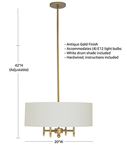 Amazon Brand – Stone & Beam Contemporary Pendant Chandelier with White Shade - 20 x 20 x 42 Inches (Adjustable Height), Antique Brass