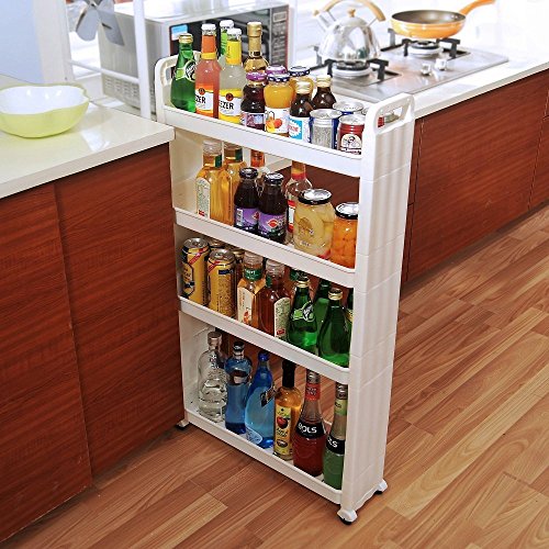 BAOYOUNI Rolling Slim Cart Between Washer Dryer Cabinet Storage Shelf Rack Narrow Slide Out Tower Organizer Space Saving Shelving Units with Wheels (4-Tier)