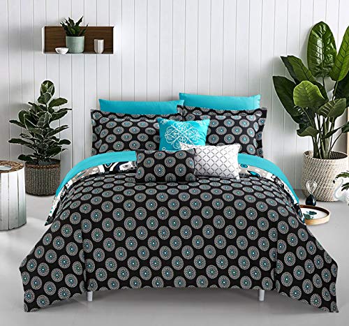 Chic Home Mornington Large Scale Contempo Bohemian Reversible Printed with Embroidered Details. King Bed in a Bag Comforter Set, Black