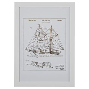 amazon brand – stone & beam modern gold ink reprint of sailing ship patent, white frame, 15" x 21"
