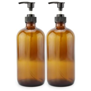 cornucopia 16oz amber glass bottles w/pump dispensers (2-pack); refillable lotion liquid soap pump brown bottles + chalk labels & lids, bpa-free plastic tops