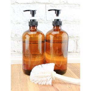 Cornucopia 16oz Amber Glass Bottles w/Pump Dispensers (2-Pack); Refillable Lotion Liquid Soap Pump Brown Bottles + Chalk Labels & Lids, BPA-Free Plastic Tops