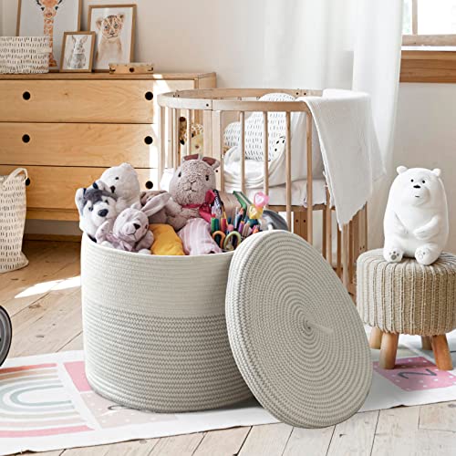 Tegance Cotton Rope Storage Basket with Lid - 16"D x 14"H Woven Round Baskets for Organizing - Large White Laundry Baskets Hamper - Living Room Basket for Nursery, Toy Bin, Clothes, Decorative Basket