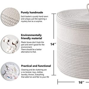 Tegance Cotton Rope Storage Basket with Lid - 16"D x 14"H Woven Round Baskets for Organizing - Large White Laundry Baskets Hamper - Living Room Basket for Nursery, Toy Bin, Clothes, Decorative Basket