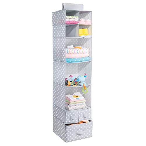 mDesign Soft Fabric Over Closet Rod Hanging Storage Organizer with 7 Shelves and 3 Removable Drawers for Child/Kids Room or Nursery - Polka Dot Pattern - Light Gray with White Dots