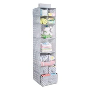 mDesign Soft Fabric Over Closet Rod Hanging Storage Organizer with 7 Shelves and 3 Removable Drawers for Child/Kids Room or Nursery - Polka Dot Pattern - Light Gray with White Dots