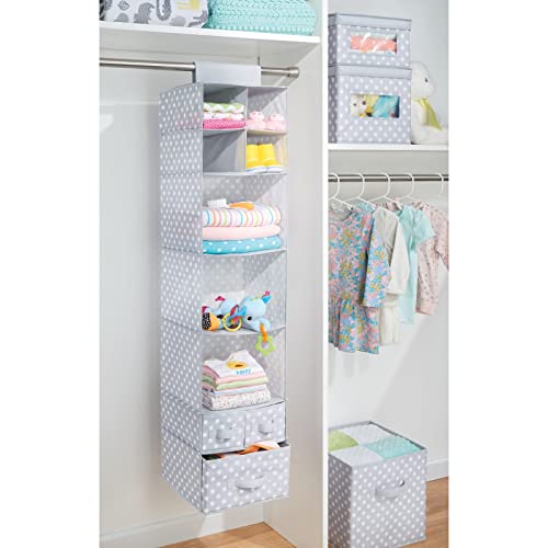 mDesign Soft Fabric Over Closet Rod Hanging Storage Organizer with 7 Shelves and 3 Removable Drawers for Child/Kids Room or Nursery - Polka Dot Pattern - Light Gray with White Dots