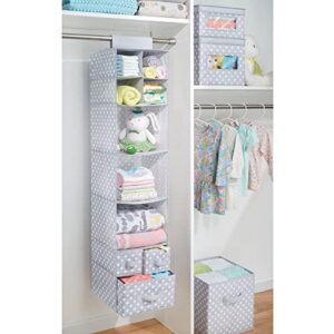 mDesign Soft Fabric Over Closet Rod Hanging Storage Organizer with 7 Shelves and 3 Removable Drawers for Child/Kids Room or Nursery - Polka Dot Pattern - Light Gray with White Dots