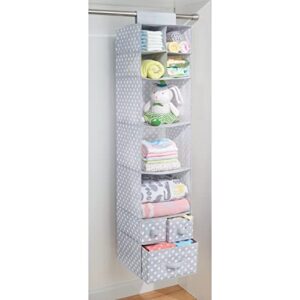 mDesign Soft Fabric Over Closet Rod Hanging Storage Organizer with 7 Shelves and 3 Removable Drawers for Child/Kids Room or Nursery - Polka Dot Pattern - Light Gray with White Dots