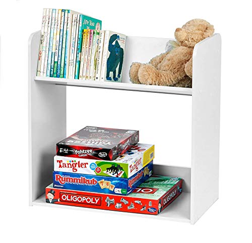 IRIS USA 2-Shelf Angled Bookshelf for Children, Short Inward Slant Bookcase Furniture for Kids Room Playroom Nursery to Safely Store and Organize Books Games Toys and Small Items, White