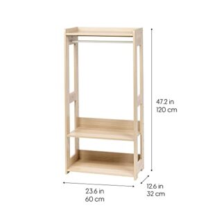 IRIS USA Open Wood Clothing Costume Garment Hanging Rack Armoire Wardrobe Dresser Organizer with Shoe Shelves and Side Hook, for Nursery, Kids Room, Closet, Dress-Up Center, Small Spaces, Light Brown