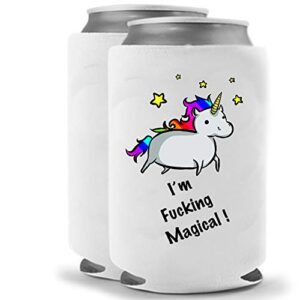 unicorn coolie - i am magical | funny novelty can cooler coolie huggie - set of two (2) | beer beverage holder craft beer gifts | quality neoprene insulated can cooler