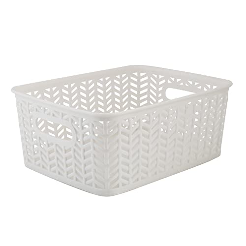 Simplify Small Herringbone Bin | Storage Tote Basket | Organizer | Decorative | Good for Closets | Countertops | Desks | Dressers | Accessories | Cleaning Products | Sports Equipment | Toys | White