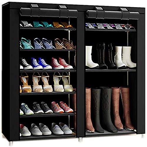 TXT&BAZ 27-Pairs Portable Boot Rack Double Row Shoe Rack Covered with Nonwoven Fabric(7-Tiers Black)