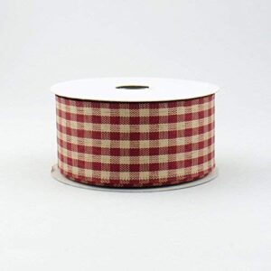 1.5" wide primitive gingham check canvas wired ribbon red & tan (10 yards) good for americana/rustic themes