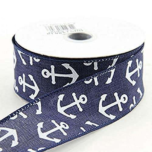 Craig Bachman Imports 1.5"x10yd Wired Basic Anchor Ribbon, Navy Blue/White