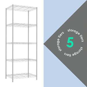 Home Basics 5 Tier Wire Shelving Unit, (White) Steel Storage Shelves | Tall Wire Shelf | for Food, Laundry Supplies, Paint, Hardware, and More