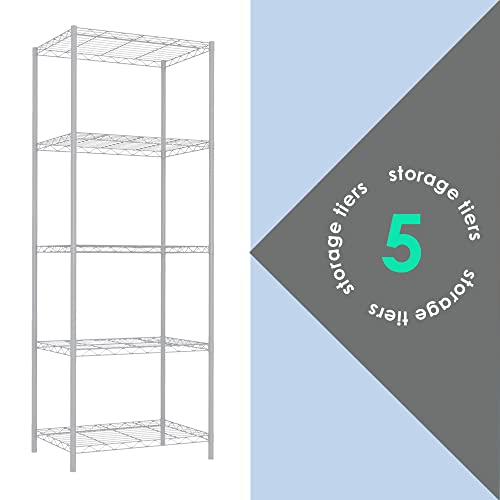 Home Basics 5 Tier Wire Shelving Unit, (White) Steel Storage Shelves | Tall Wire Shelf | for Food, Laundry Supplies, Paint, Hardware, and More