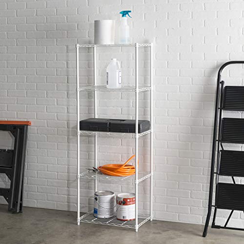 Home Basics 5 Tier Wire Shelving Unit, (White) Steel Storage Shelves | Tall Wire Shelf | for Food, Laundry Supplies, Paint, Hardware, and More