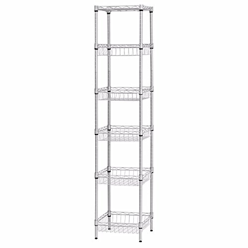 SINGAYE Storage Shelves, 6-Tier Wire Shelving Unit with Baskets Storage Rack Corner Shelf Shelving Adjustable Storage Shelf, 13.4" D x 13.4" W x 62.99" H,Silver