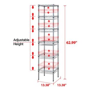 SINGAYE Storage Shelves, 6-Tier Wire Shelving Unit with Baskets Storage Rack Corner Shelf Shelving Adjustable Storage Shelf, 13.4" D x 13.4" W x 62.99" H,Silver