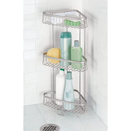 mDesign Metal 3-Tier Bathroom Corner Shower Shelf - Free Standing Vertical Unit Storage Shelves - for Organizing Soaps, Shampoos, Conditioner, Fash Face, Body Scrubs, Body Washes - 3 Baskets - Satin