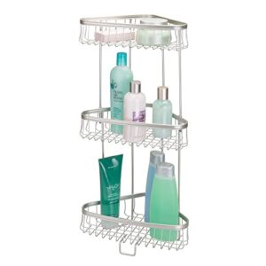 mDesign Metal 3-Tier Bathroom Corner Shower Shelf - Free Standing Vertical Unit Storage Shelves - for Organizing Soaps, Shampoos, Conditioner, Fash Face, Body Scrubs, Body Washes - 3 Baskets - Satin