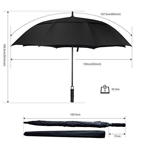 ACEIken Golf Umbrella Windproof Large 62 Inch, Double Canopy Vented, Automatic Open, Extra Large Oversized,Sun Protection Ultra Rain & Wind Resistant Stick Umbrellas, Black