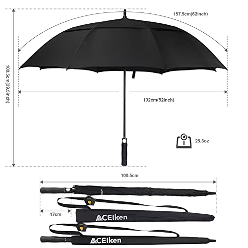 ACEIken Golf Umbrella Windproof Large 62 Inch, Double Canopy Vented, Automatic Open, Extra Large Oversized,Sun Protection Ultra Rain & Wind Resistant Stick Umbrellas, Black