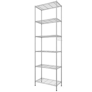 Homdox 6-Tier Storage Shelf Wire Shelving Unit Free Standing Rack Organization with Adjustable Leveling Feet, Stainless Side Hooks, Silver