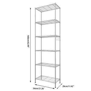 Homdox 6-Tier Storage Shelf Wire Shelving Unit Free Standing Rack Organization with Adjustable Leveling Feet, Stainless Side Hooks, Silver
