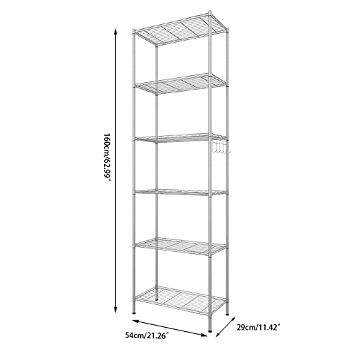 Homdox 6-Tier Storage Shelf Wire Shelving Unit Free Standing Rack Organization with Adjustable Leveling Feet, Stainless Side Hooks, Silver