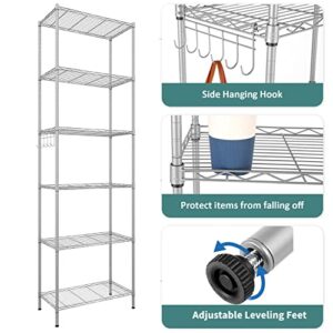 Homdox 6-Tier Storage Shelf Wire Shelving Unit Free Standing Rack Organization with Adjustable Leveling Feet, Stainless Side Hooks, Silver