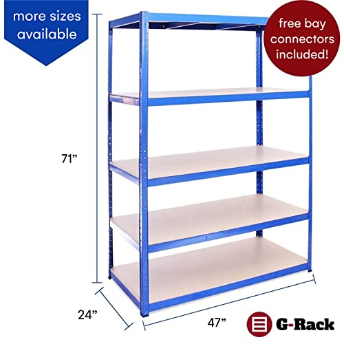 G-Rack 71" H x 47" L x 24" W Garage Storage Shelving Unit - Metal Shelf - Built to Last Storage - Heavy Duty 5 Tier Storage Shelf - Blue Shelving Unit Free Bay Connectors - 5-Year Support