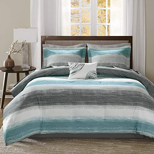 Madison Park Essentials Bed in a Bag Comforter, Vibrant Color Design All Season Down Alternative Cover with Complete Cotton Sheet Set, King(104"x92"), Saben, Stripe Aqua 9 Piece