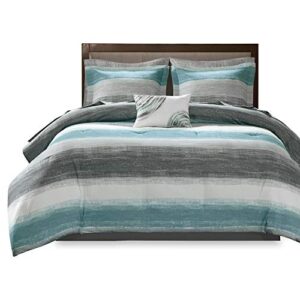 Madison Park Essentials Bed in a Bag Comforter, Vibrant Color Design All Season Down Alternative Cover with Complete Cotton Sheet Set, King(104"x92"), Saben, Stripe Aqua 9 Piece