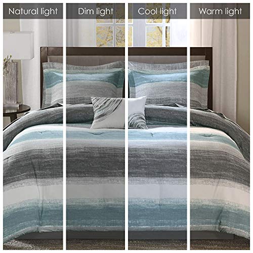 Madison Park Essentials Bed in a Bag Comforter, Vibrant Color Design All Season Down Alternative Cover with Complete Cotton Sheet Set, King(104"x92"), Saben, Stripe Aqua 9 Piece