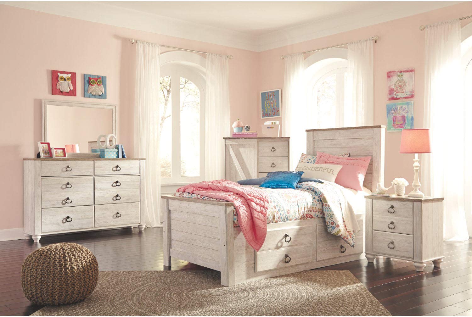 Signature Design by Ashley Willowton Coastal Cottage Youth 6 Drawer Dresser with Faux Plank Top, Whitewash