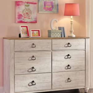 Signature Design by Ashley Willowton Coastal Cottage Youth 6 Drawer Dresser with Faux Plank Top, Whitewash