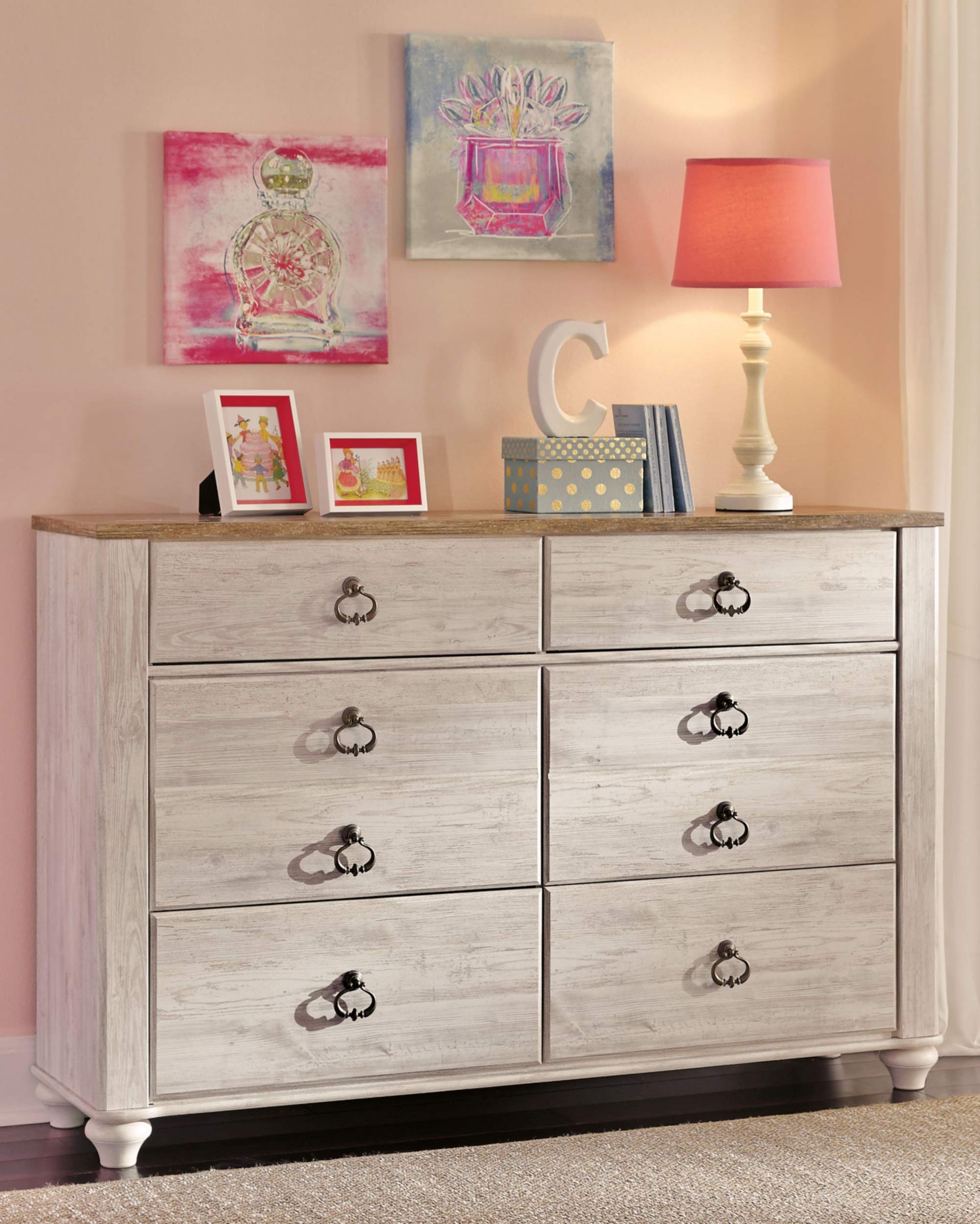 Signature Design by Ashley Willowton Coastal Cottage Youth 6 Drawer Dresser with Faux Plank Top, Whitewash