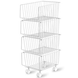 rolling stackable storage bin, modern 4 tiers basket with lockable casters, utility storage organizer for kitchen, pantry, closets, bedrooms(gray)