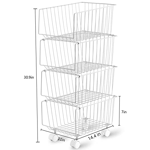 Rolling Stackable Storage Bin, Modern 4 Tiers Basket with Lockable Casters, Utility Storage Organizer for Kitchen, Pantry, Closets, Bedrooms(Gray)