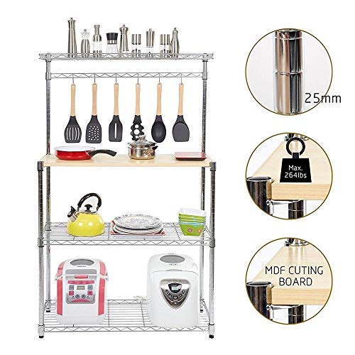 Dporticus 4 Tier Adjustable Kitchen Cart Baker Rack Storage Rack Microwave Oven with Spice Rack Organizer Cutting Board and Hooks
