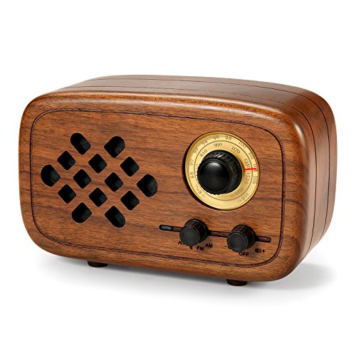 Rerii Bluetooth Speaker, Handmade Walnut Wood Retro Small Bluetooth Radio FM AM, Portable Wireless Speakers for Home and Office