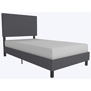 dhp janford upholstered platform bed with modern vertical stitching on rectangular headboard, twin, gray linen