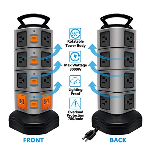 Power Strip Tower, Lovin Product Surge Protector Electric Charging Station, 14 Outlet Plugs with 4 USB Slot 6 feet Cord Wire Extension Universal Charging Station (Large)