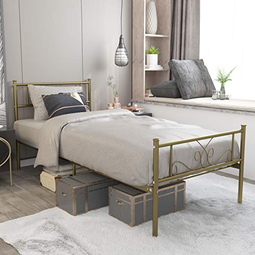 SimLife Twin Bed Frame with Headboard and Footboard Metal Platform Bed Frame Under Bed Storage Mattress Foundation No Box Spring Need Gold