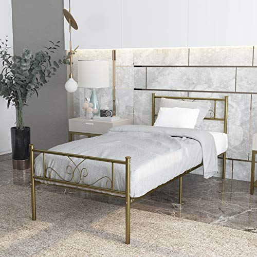 SimLife Twin Bed Frame with Headboard and Footboard Metal Platform Bed Frame Under Bed Storage Mattress Foundation No Box Spring Need Gold